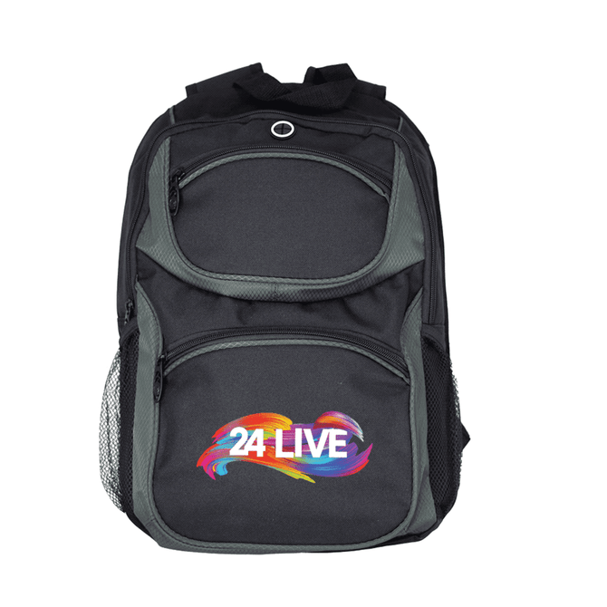 A black and grey backpack featuring multiple zippered compartments and a mesh side pocket. It has a logo on the front.