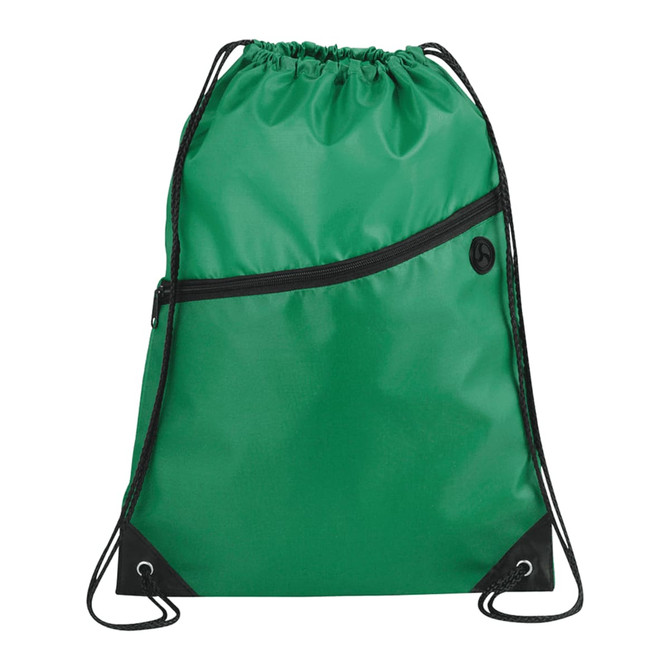 A green drawstring bag with a black zippered pocket and drawcord straps, featuring a logo on the front.