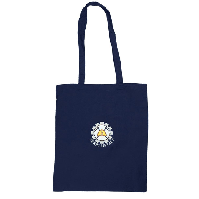 A navy tote bag with a logo on the front and two long handles for carrying.