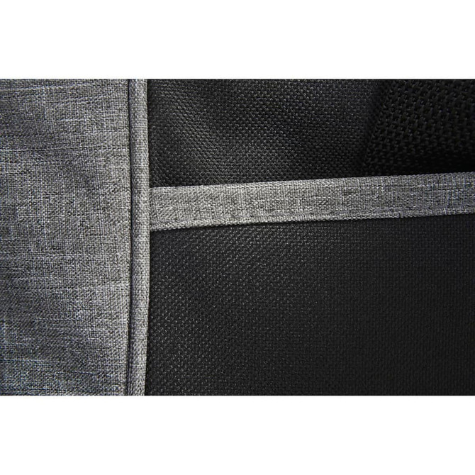 A close-up of a grey laptop bag with textured fabric and mesh accents, featuring a simple branding logo.