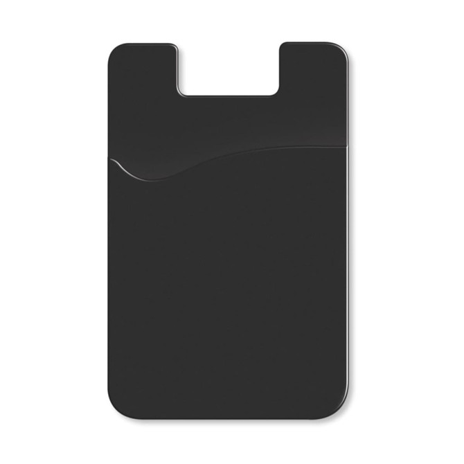 A sleek black phone wallet featuring a curved design and a branding logo. Ideal for holding cards.
