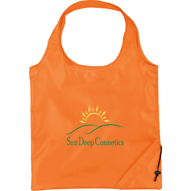 An orange foldaway shopper tote bag with a logo printed on the front.