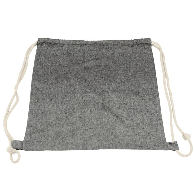 A grey drawstring bag made from a textured fabric, featuring natural-coloured drawstrings and a logo.