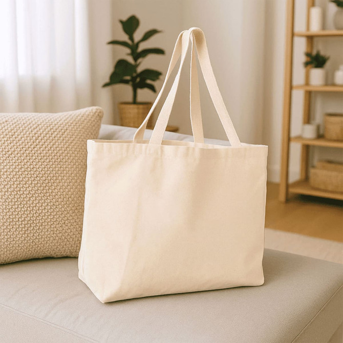 A cream-coloured reusable grocery tote bag with long handles, placed on a sofa. The setting includes natural decor elements.