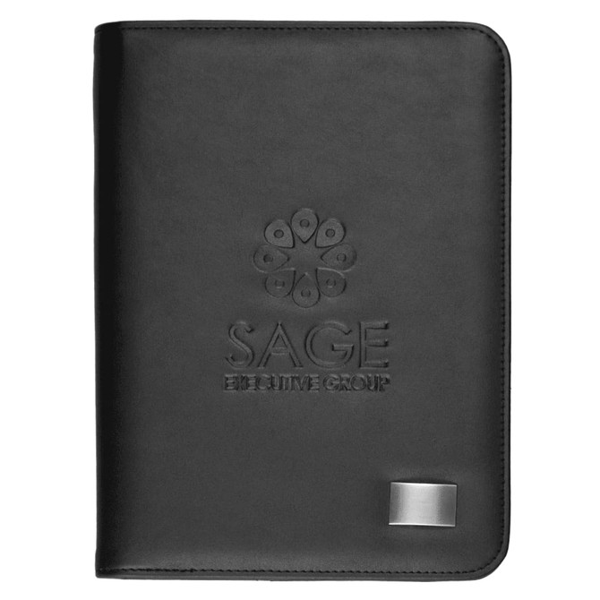 A5 zippered compendium in black leather with a logo and metal badge on the front.