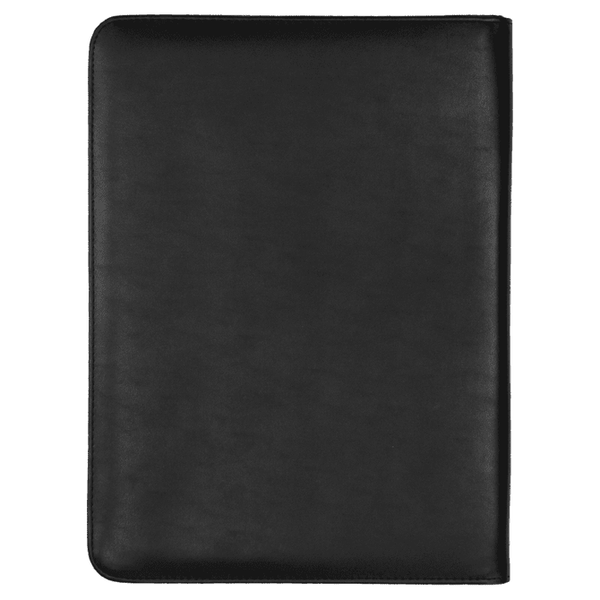 A black zip compendium with a smooth finish, featuring a calculator and an interior pocket.