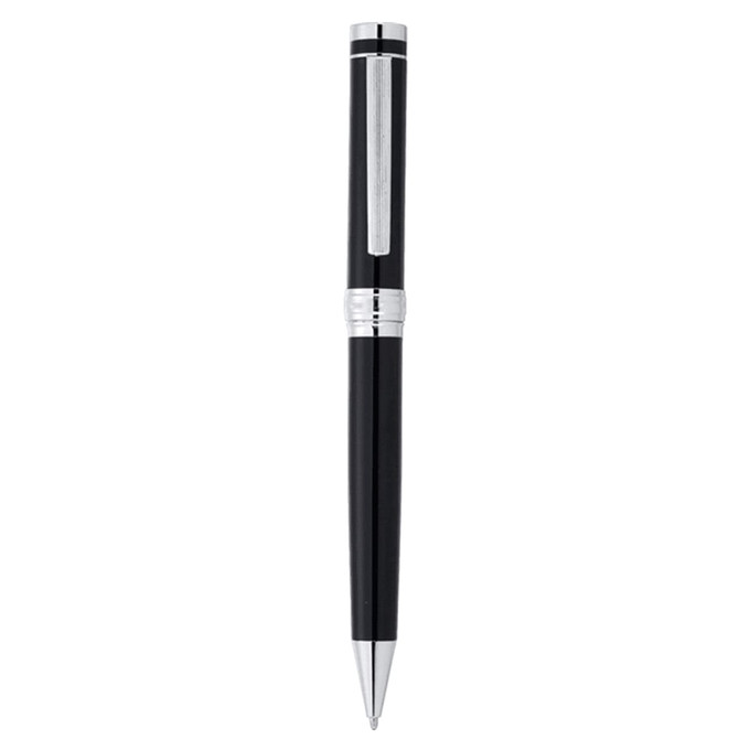 A black metal ballpoint pen with silver accents and a clip, featuring a branded logo.