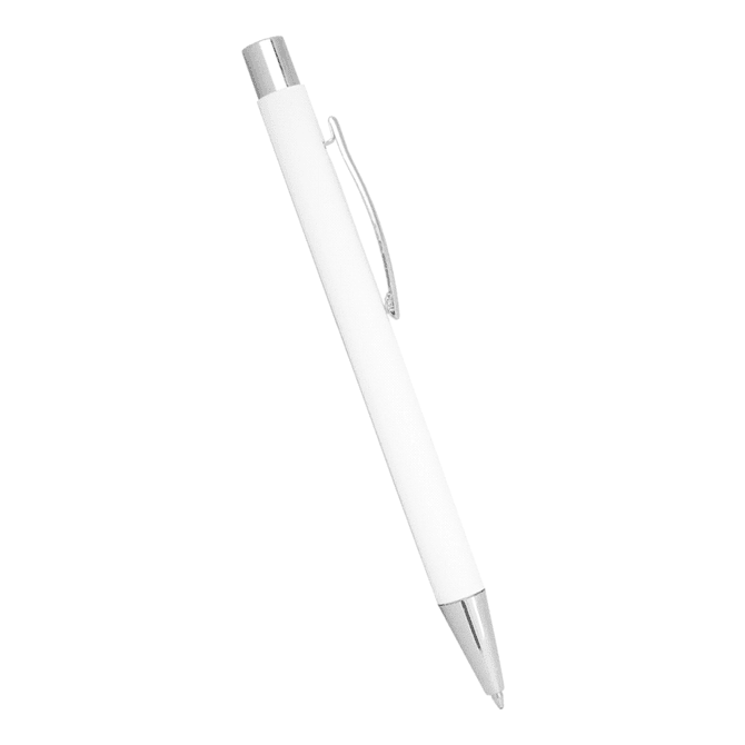 A white ballpoint pen with a silver clip and a metallic tip. The pen features a smooth finish and a logo.