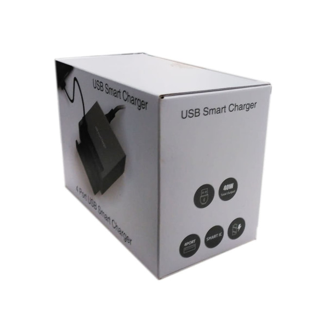 A grey USB Smart Charger box, featuring a logo, showing a four-port design. The box is plain with a white background.