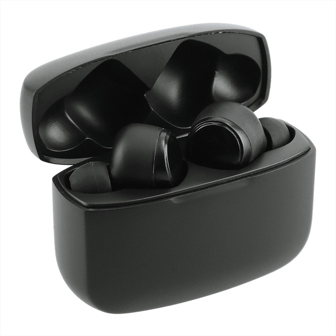 True wireless earbuds in a black charging case, featuring a sleek design and a logo on the case.