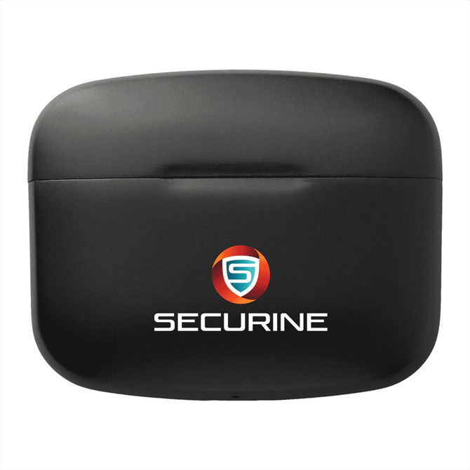 A black earbuds charging case with a logo on the front, designed for True Wireless Auto Pair Earbuds.