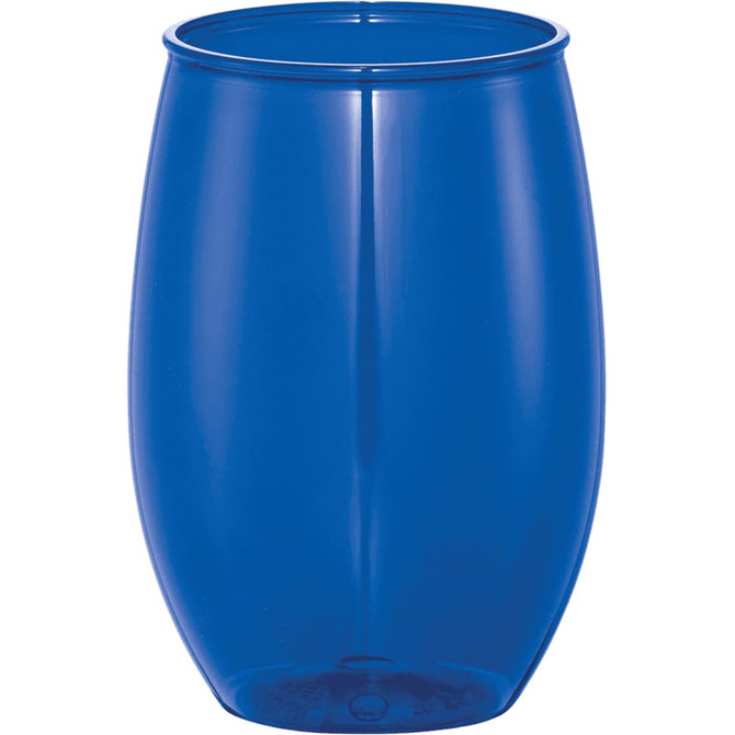 A blue stemless wine cup with a glossy finish, featuring a logo on its surface.