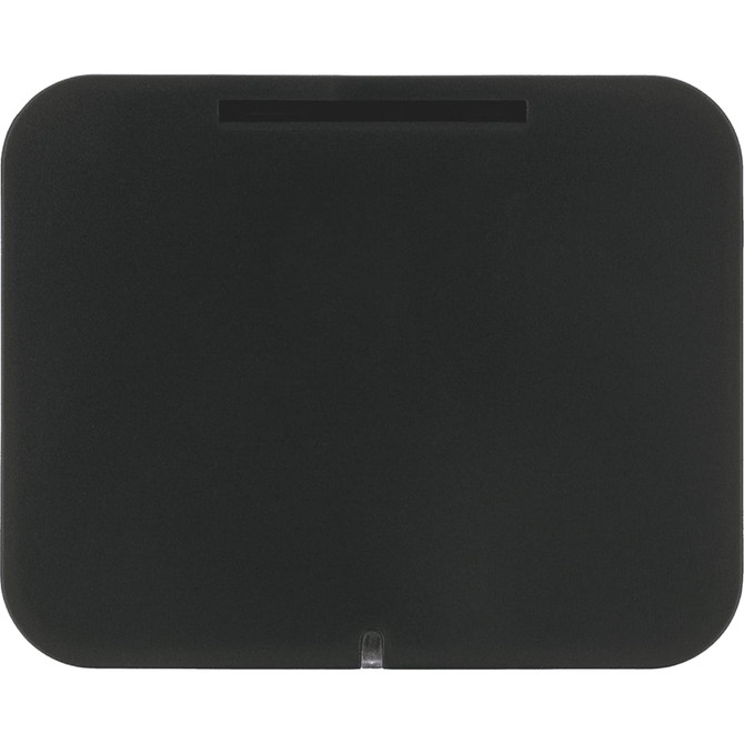 A black wireless charging phone stand with a sleek, minimalist design and a transparent base.