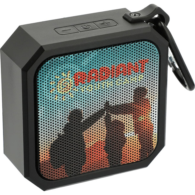 A compact black outdoor waterproof Bluetooth speaker with a colourful design and a carabiner for easy attachment.