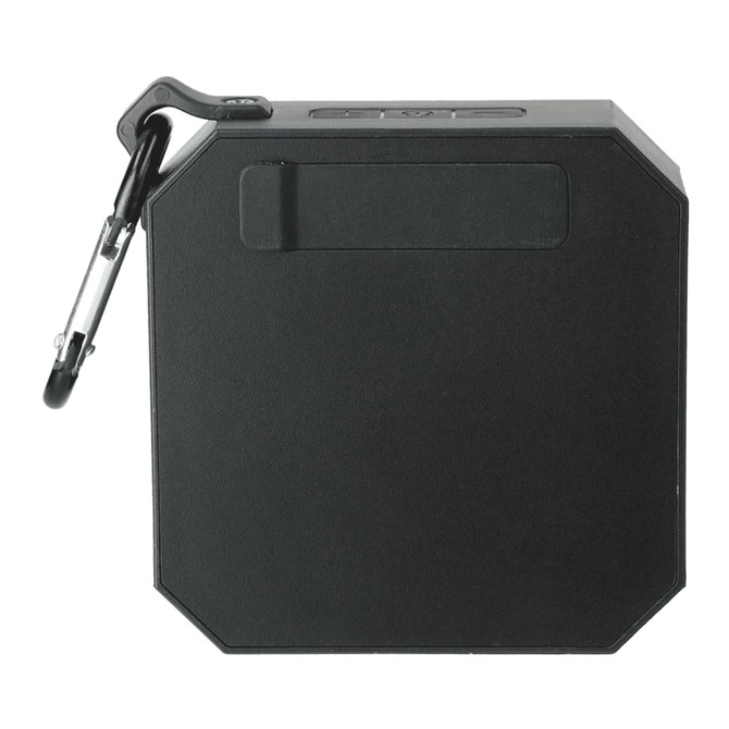 A black octagonal waterproof Bluetooth speaker with a carabiner clip attached.