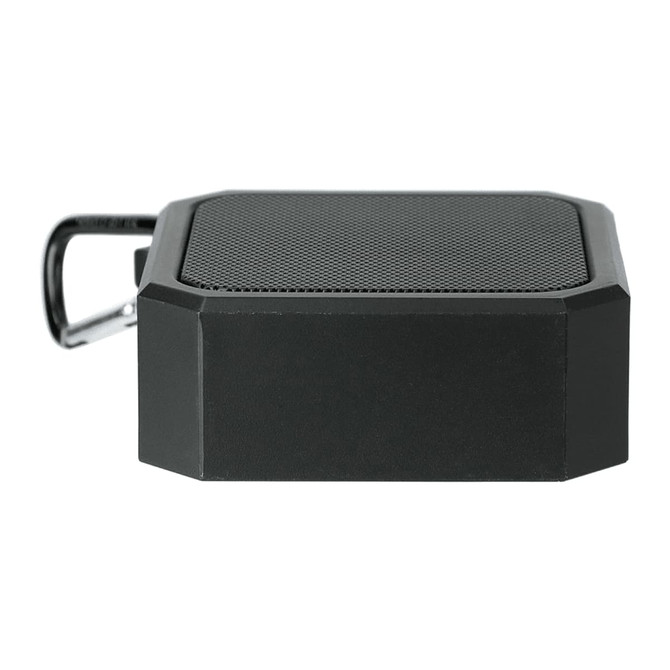 A black outdoor waterproof Bluetooth speaker with a metal loop for attachment. The design is compact and rugged.