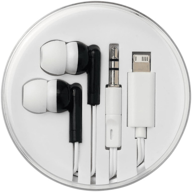 Wired earbuds with multi-tips in black and white, packaged in a clear circular case with a logo.