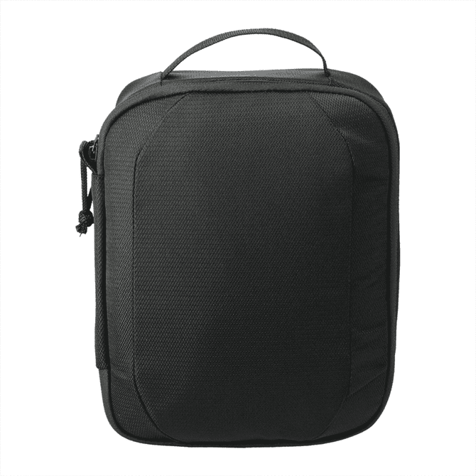 A black tech case with a handle, featuring a textured surface and a zip closure. It has a logo on the front.