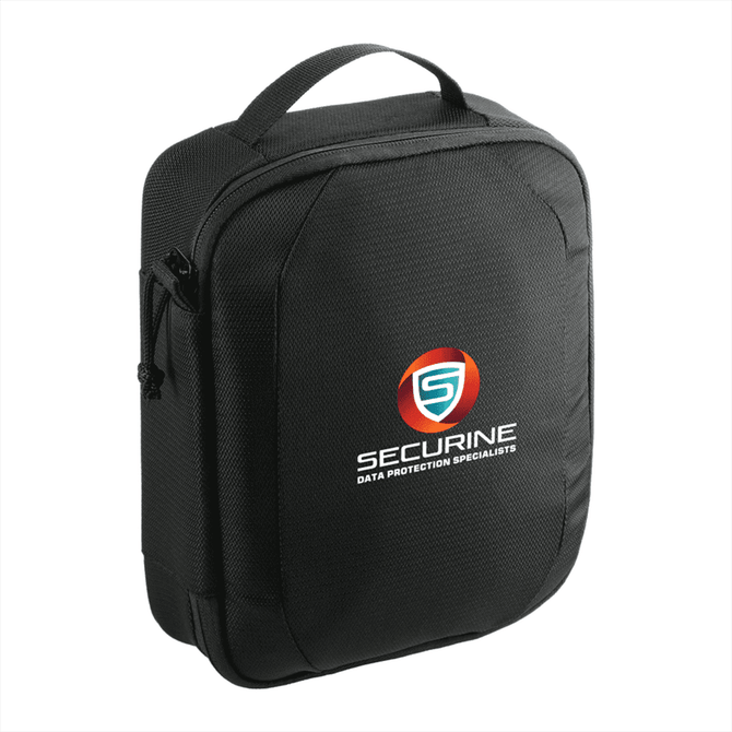 A black tech case featuring a logo, designed for storing headphones and various tech accessories.