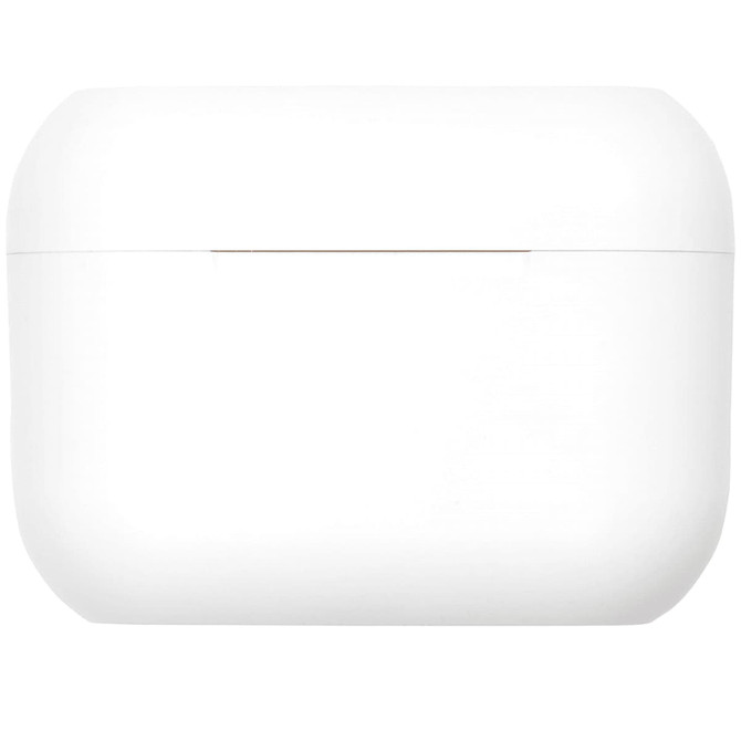 A white earbuds charging case with a sleek design and a small metallic accent. It features a branding logo.