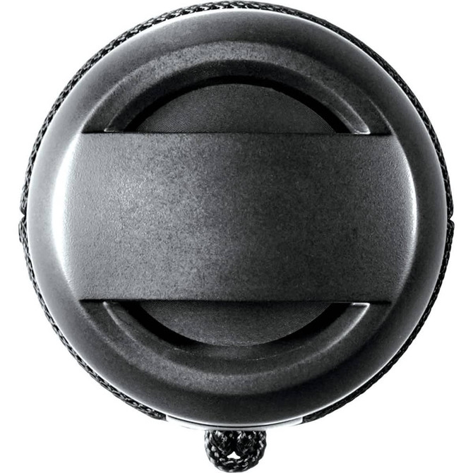 A waterproof Bluetooth speaker in black with a textured surface and a rugged design, featuring a logo.