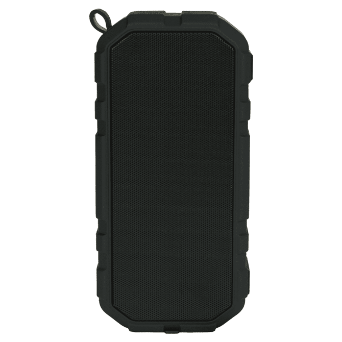 A black waterproof Bluetooth speaker with a rugged design and a logo on the front.