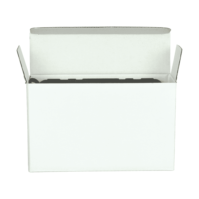 A white cardboard box with flaps open, revealing the inner compartment, but no specific contents visible.