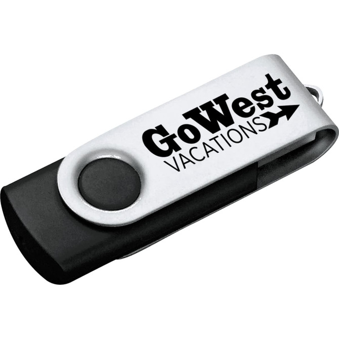 A USB flash drive in black and silver, featuring a logo on its casing. It has a rotating design for easy use.