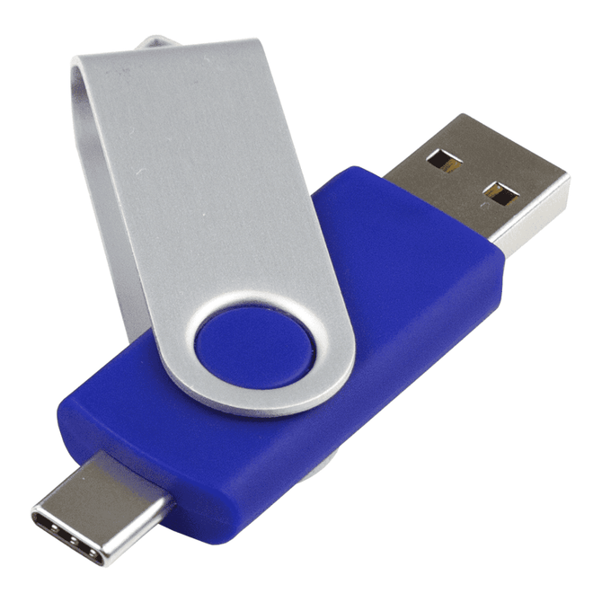 A dual USB flash drive featuring a blue body and silver clip, with USB and USB-C connectors, 8GB capacity.