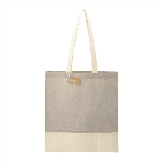 A grey and cream recycled cotton twill tote bag with long handles and a branding tag.