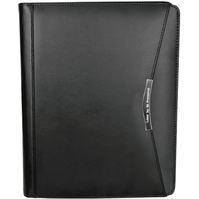 A black imitation leather A4 zippered compendium featuring a sleek design and a branding logo.