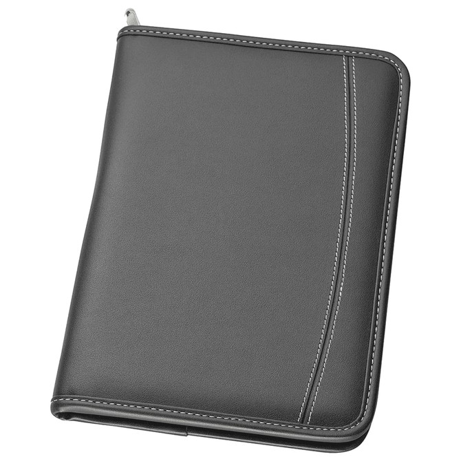 A5 zippered compendium in black with stitched detailing and a sleek design. Features a logo.