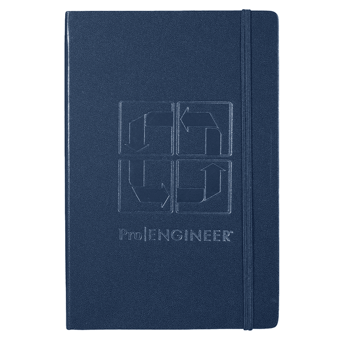 A navy blue journal with an embossed design and an elastic band closure, featuring a logo.