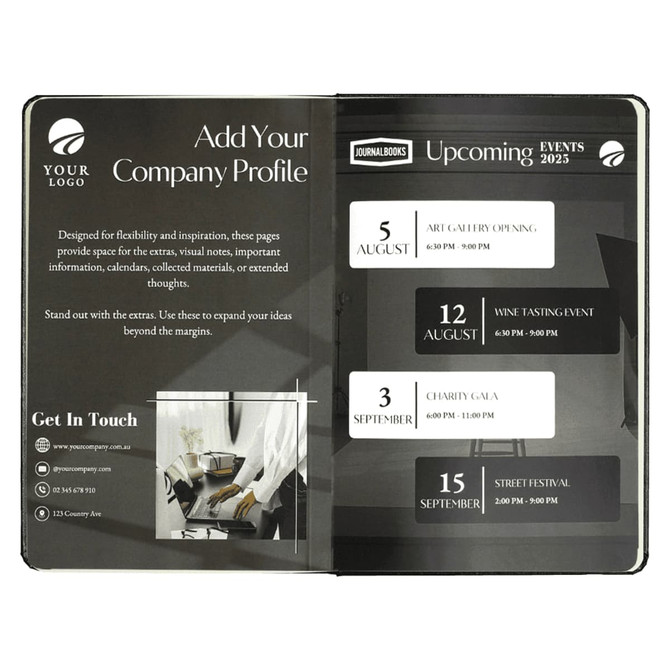 A black Ambassador Bound JournalBook featuring event listings and a logo on the cover.
