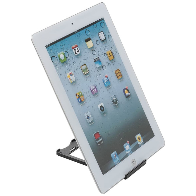 A black plastic tablet stand holding a white tablet at an angle, displaying a home screen with various app icons.