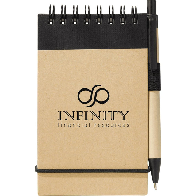 A brown recycled jotter with a black spiral binding and a pen attached, featuring a logo on the cover.