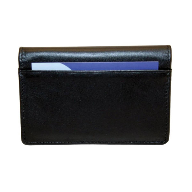 A black business card holder with a sleek design and a pocket for holding cards. Features a simple logo.