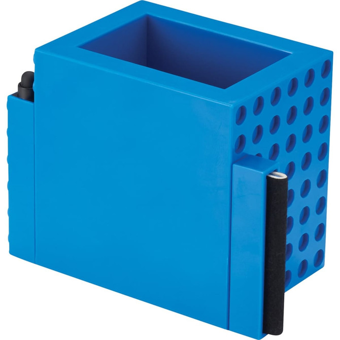 A blue pen pot with a textured design and spaces for pens, featuring a holder on the side.