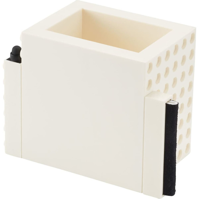 A white, perforated pen pot with a holder for markers and a space for notes, featuring a branding logo.