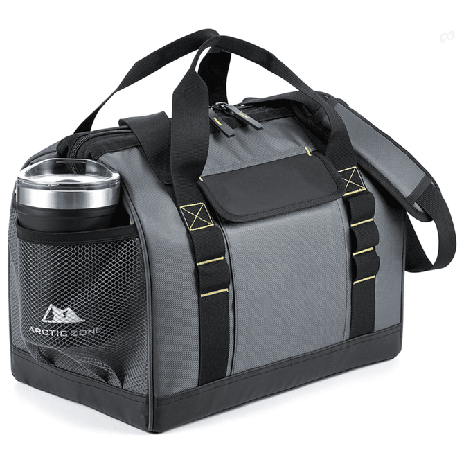 A grey cooler bag with black accents, featuring a mesh pocket and a logo. Includes sturdy handles and detachable strap.