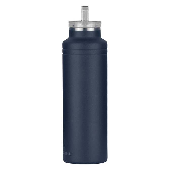 A drink bottle in a matte navy finish with a silver lid and a straw opening. Features a logo.