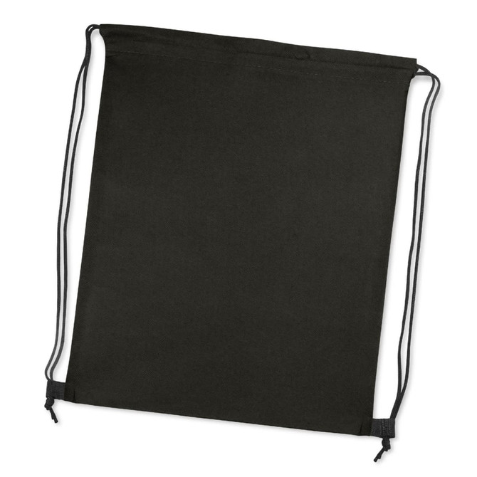 A black drawstring backpack with adjustable cords and a simple, minimal design.