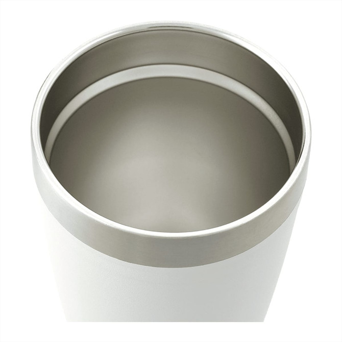 A drink bottle featuring a sleek white exterior and a stainless steel interior, designed for thermal insulation.