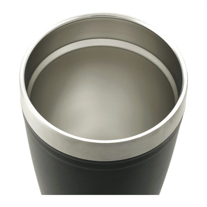 A drink bottle with a sleek black exterior and stainless steel interior, featuring a logo on the surface.