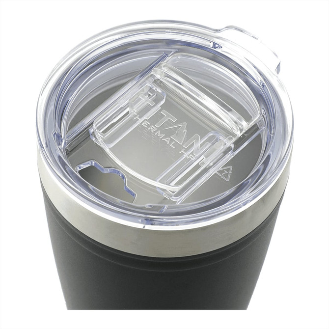A drink bottle with a black exterior and a clear lid featuring a slot for a straw. It has a logo on the side.