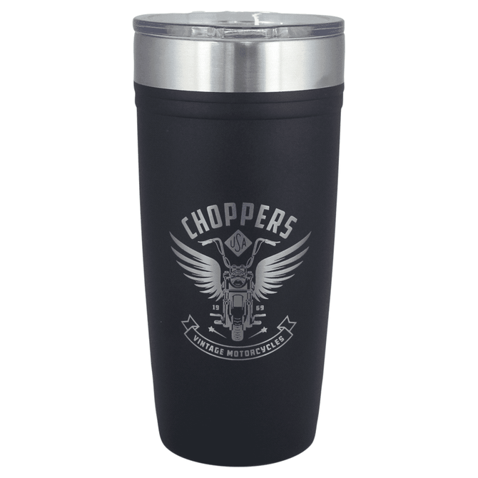 A drink bottle featuring a matte black finish, stainless steel lid, and a logo with motorcycle graphics.