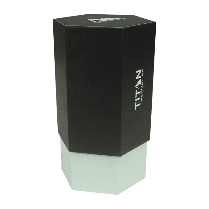 A drink bottle in a hexagonal design, featuring a black upper section and a white base, with a logo.