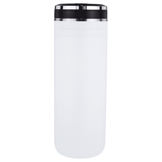 A drink bottle in white with a black lid, featuring a logo, designed for thermal insulation.