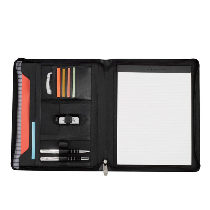 A zippered compendium in black Nappa leather with sections for notepad, pens, and accessories. Features a logo.