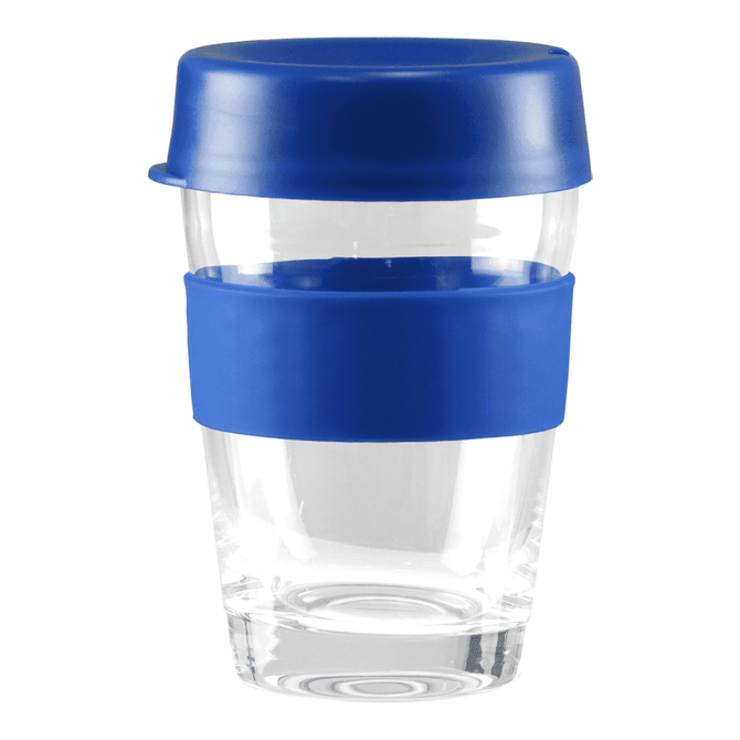 A transparent glass coffee cup with a blue silicone lid and sleeve, holding 340ml of liquid.